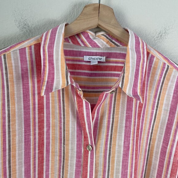 Chicos Womens 16 Pink Orange Striped 100% Linen Button Up Shirt Long Sleeve Top - Picture 9 of 12